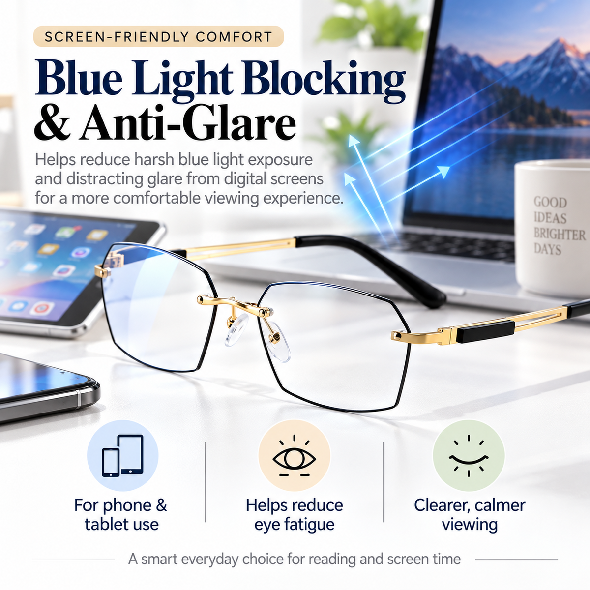 👓 Auto-Tint Senior Readers – BlueLight Blocking + UV Protection, Lightweight Metal Frame