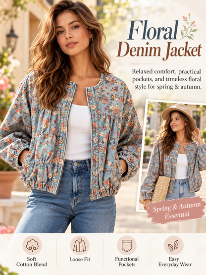 🌸Women's Floral Denim Jacket – Casual Loose Short Coat with Pockets
