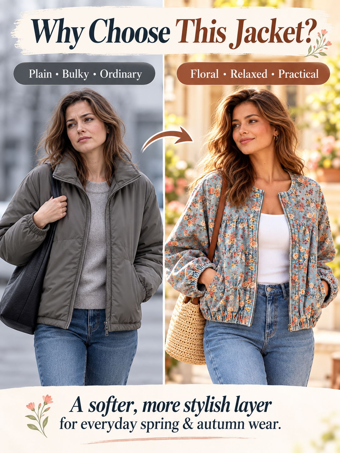 🌸Women's Floral Denim Jacket – Casual Loose Short Coat with Pockets