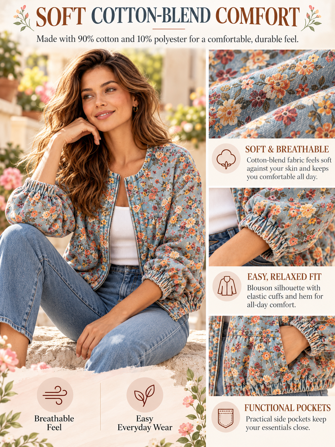 🌸Women's Floral Denim Jacket – Casual Loose Short Coat with Pockets