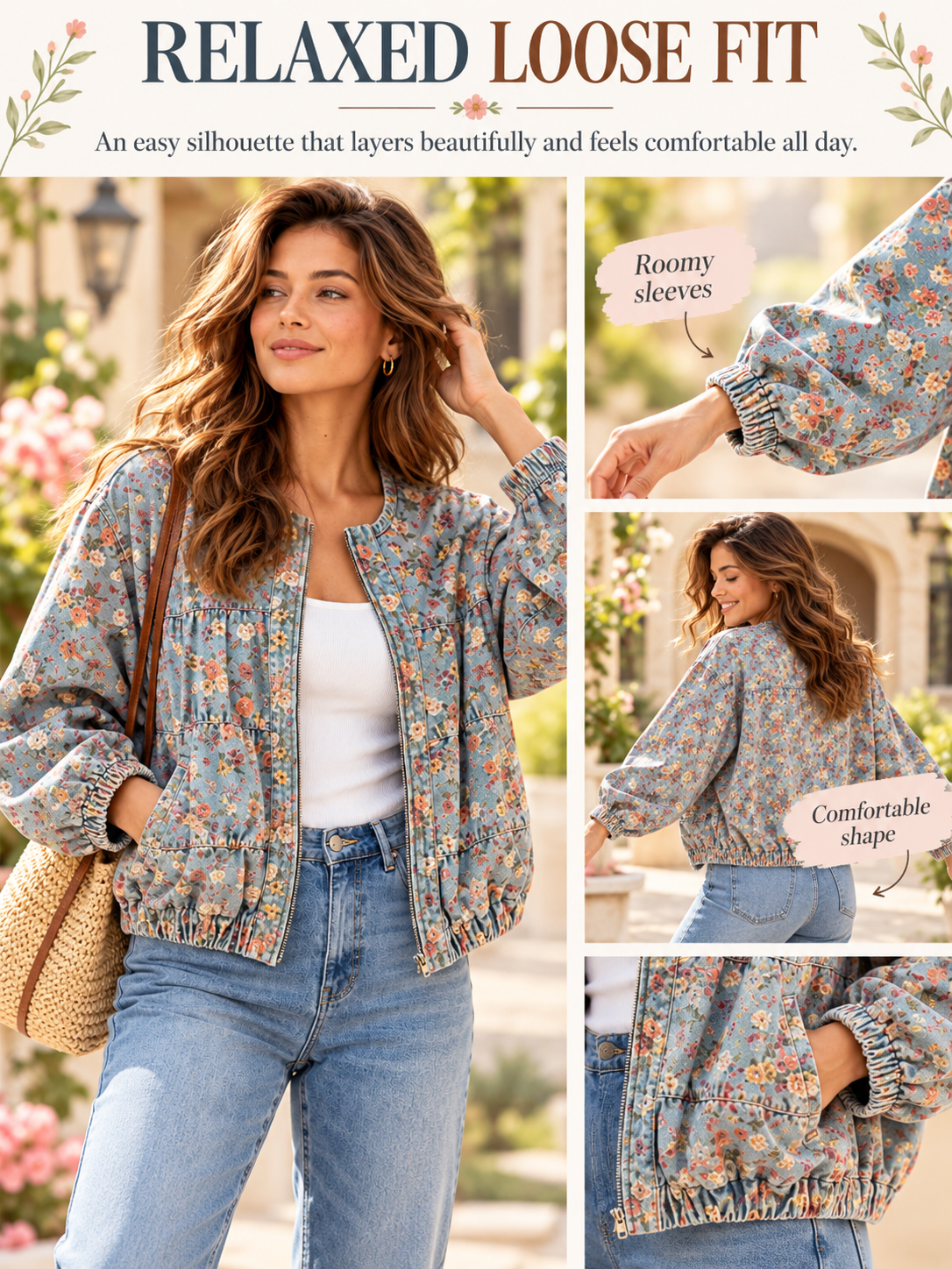 🌸Women's Floral Denim Jacket – Casual Loose Short Coat with Pockets