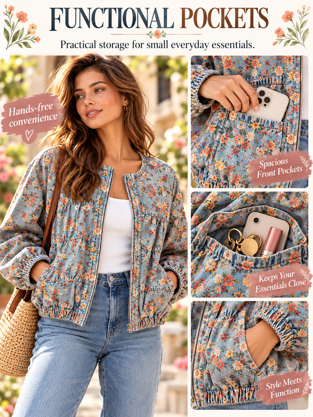 🌸Women's Floral Denim Jacket – Casual Loose Short Coat with Pockets