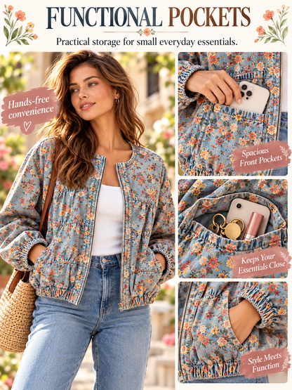 🌸Women's Floral Denim Jacket – Casual Loose Short Coat with Pockets