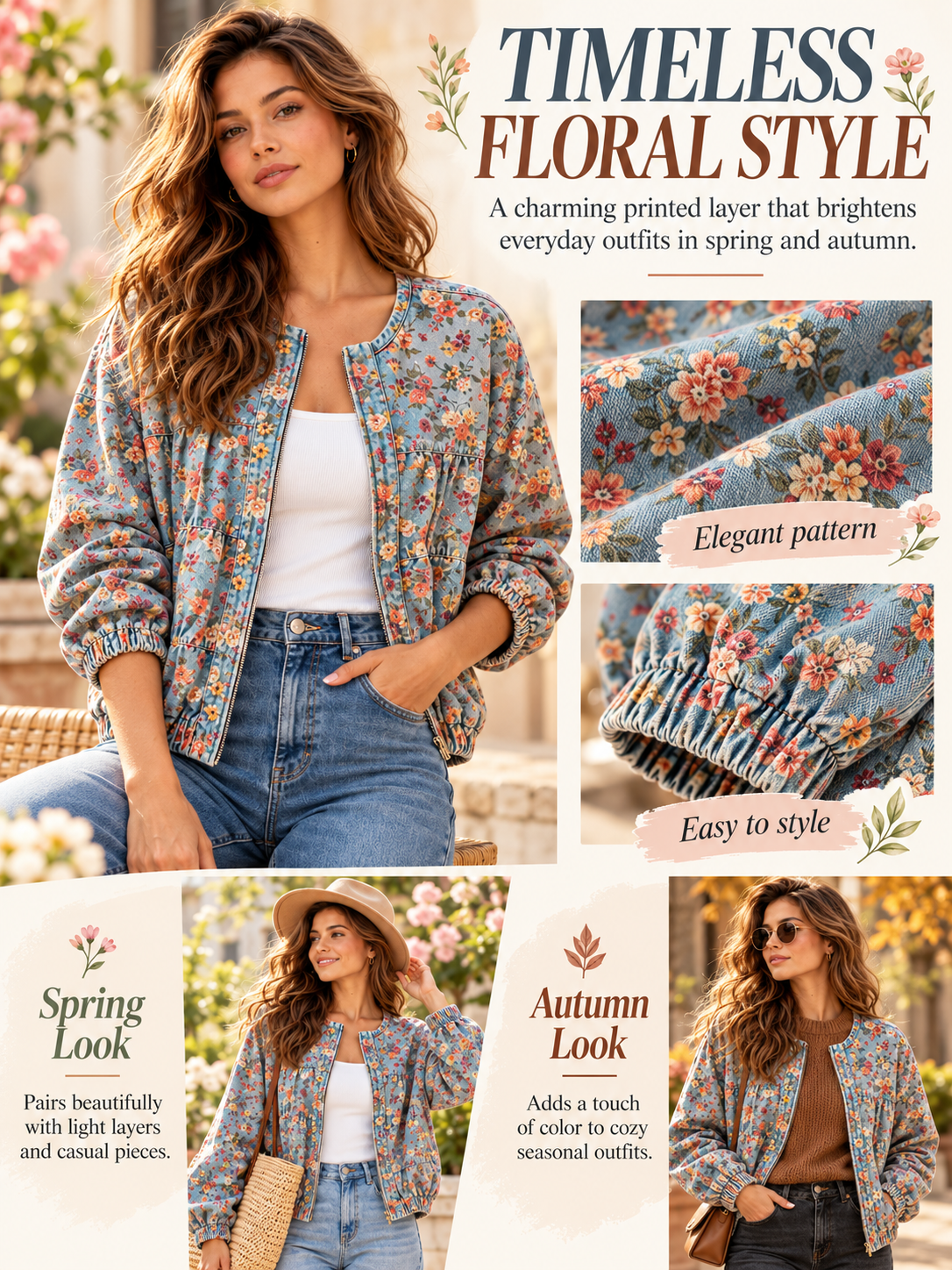 🌸Women's Floral Denim Jacket – Casual Loose Short Coat with Pockets