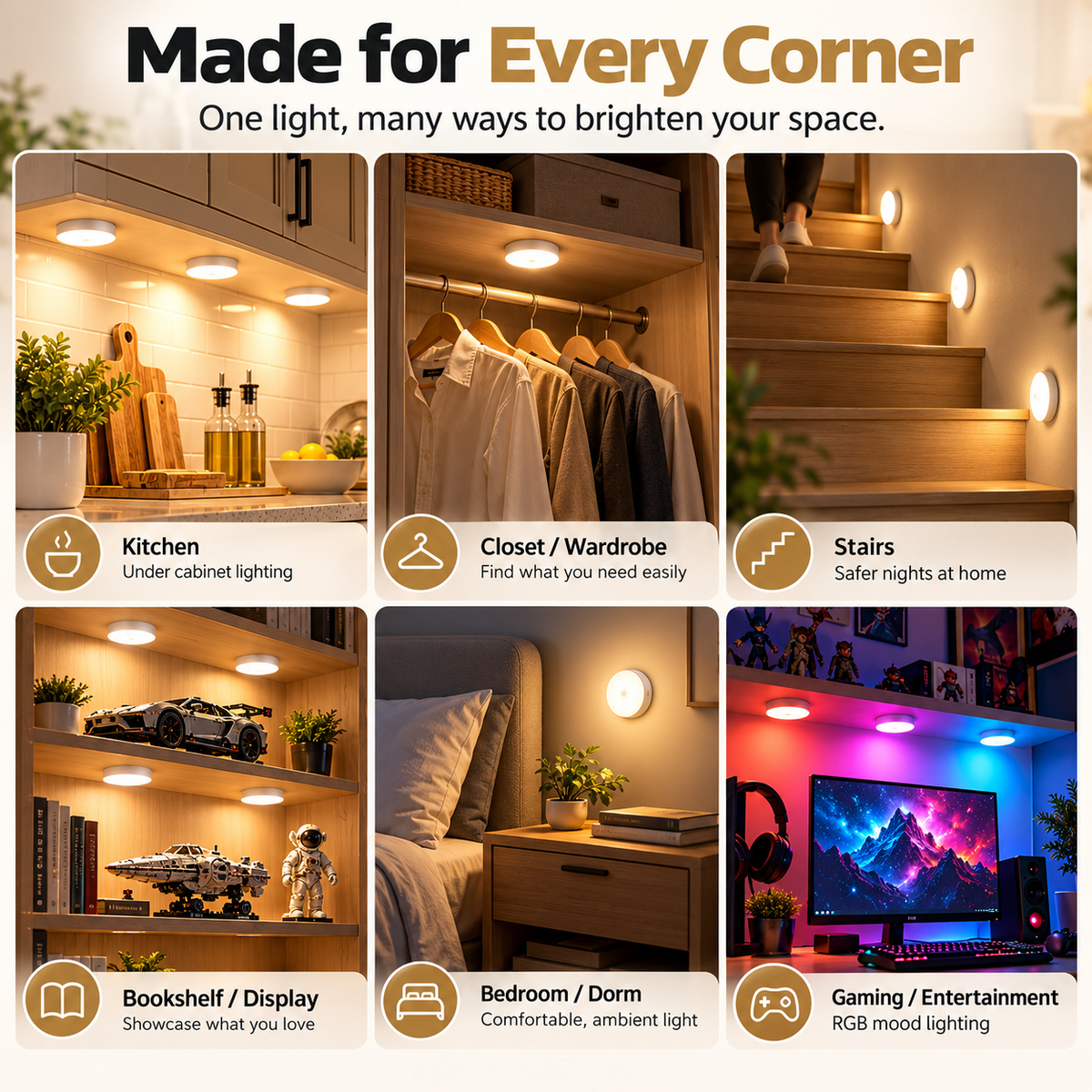 ✨Rechargeable Puck Lights with Remote – 3 Color Temps & RGB Under Cabinet Lighting
