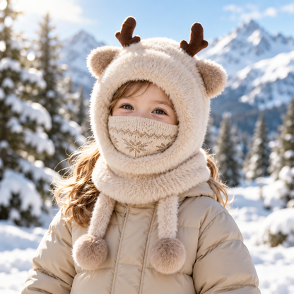 🦌 Antler Kids Hooded Scarf & Mask – Thermal Winter Warmth for Children 🦌