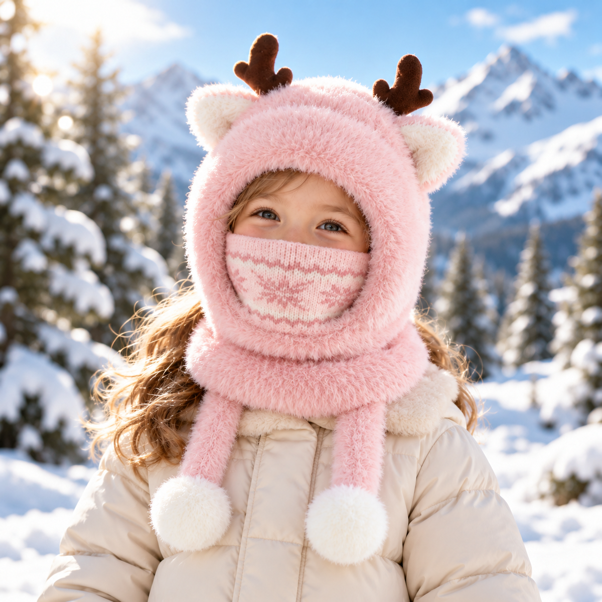 🦌 Antler Kids Hooded Scarf & Mask – Thermal Winter Warmth for Children 🦌