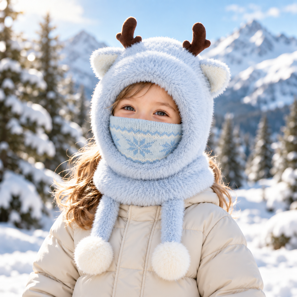 🦌 Antler Kids Hooded Scarf & Mask – Thermal Winter Warmth for Children 🦌