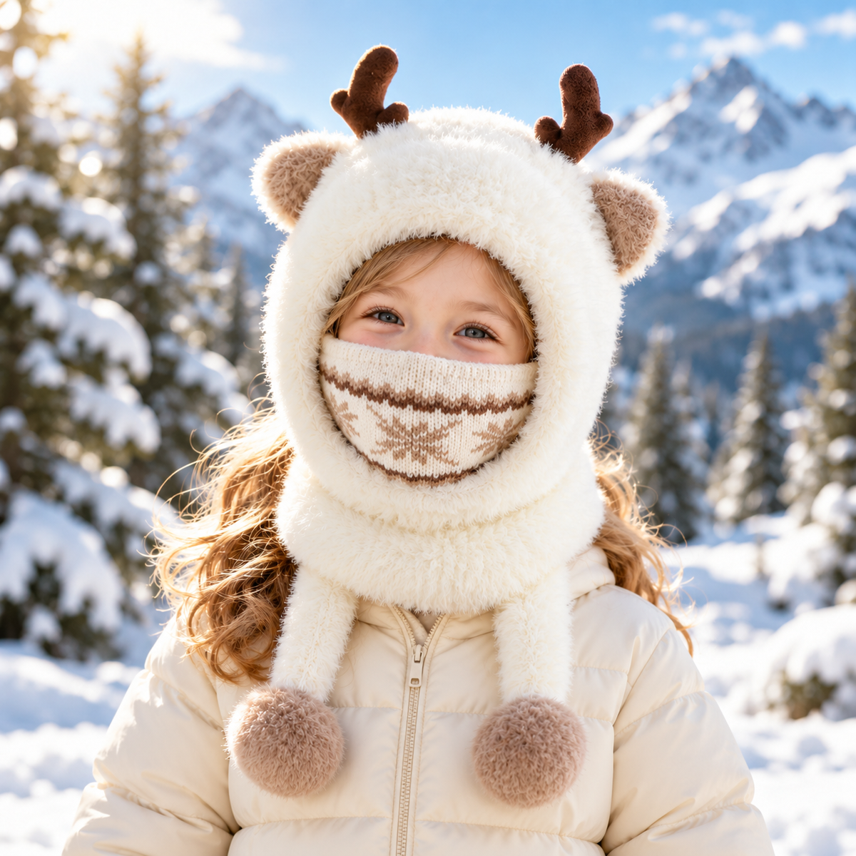 🦌 Antler Kids Hooded Scarf & Mask – Thermal Winter Warmth for Children 🦌