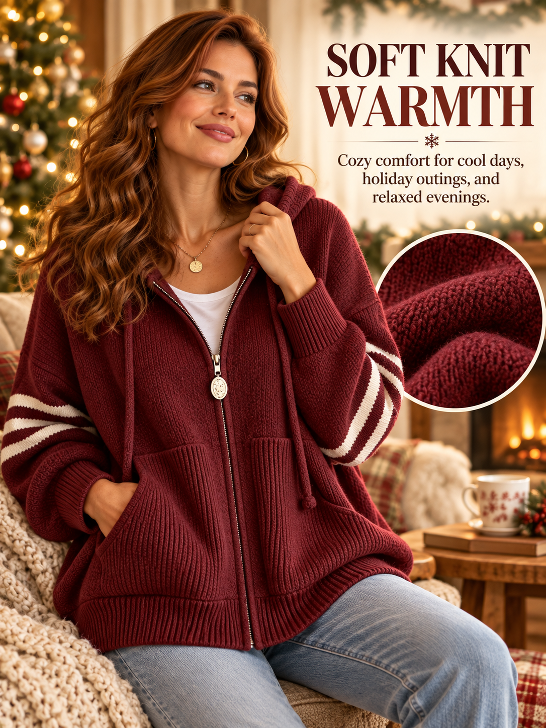 ✨Women's Zip-Up Hooded Sweater Jacket – Loose Fit, Curvy, Christmas Casual Coat