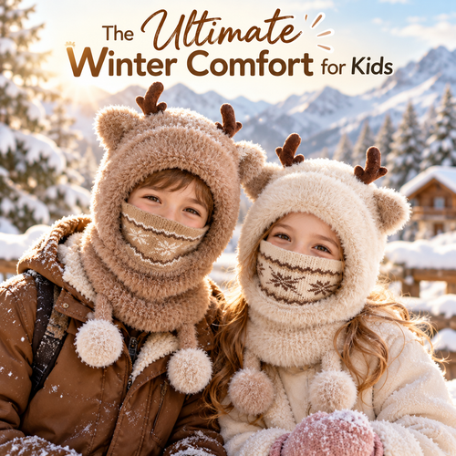 🦌 Antler Kids Hooded Scarf & Mask – Thermal Winter Warmth for Children 🦌