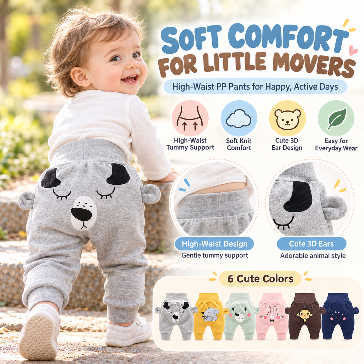 Baby High-Waist Tummy-Control Harem Pants – Cute 3D Animal Print Knit Pants