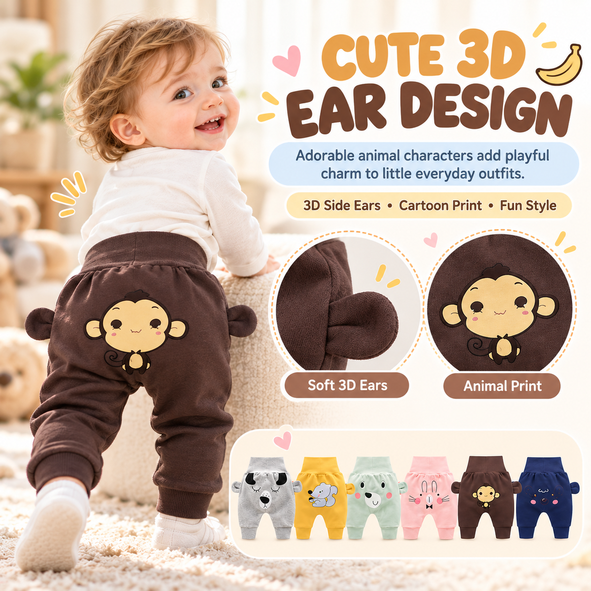 Baby High-Waist Tummy-Control Harem Pants – Cute 3D Animal Print Knit Pants