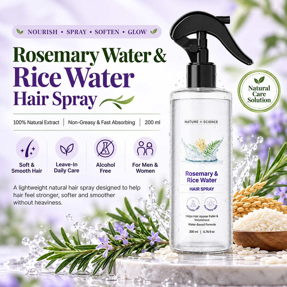 ✨Rosemary & Rice Water Hair Mist | 100% Natural | Soft, Smooth & Non-Greasy