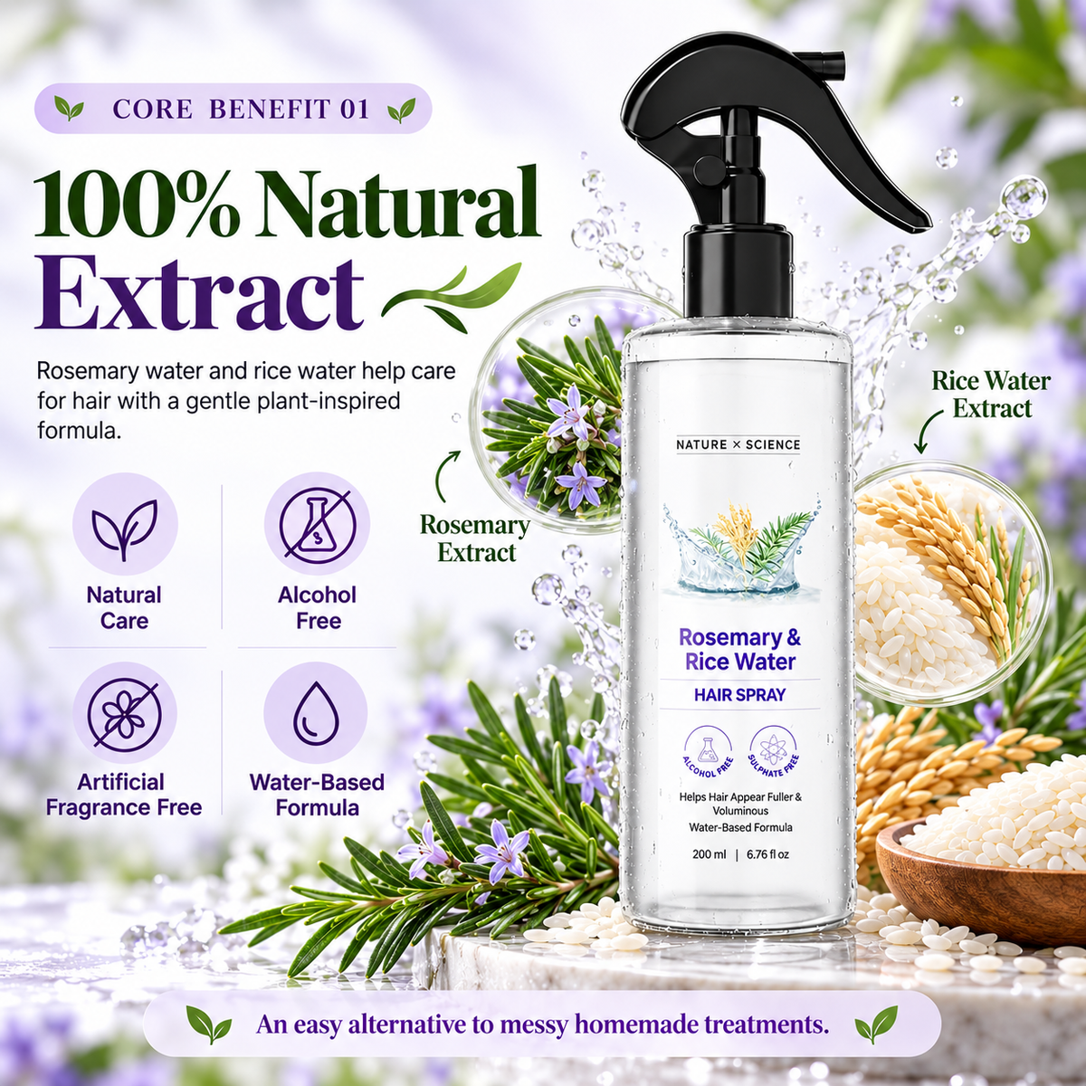 ✨Rosemary & Rice Water Hair Mist | 100% Natural | Soft, Smooth & Non-Greasy