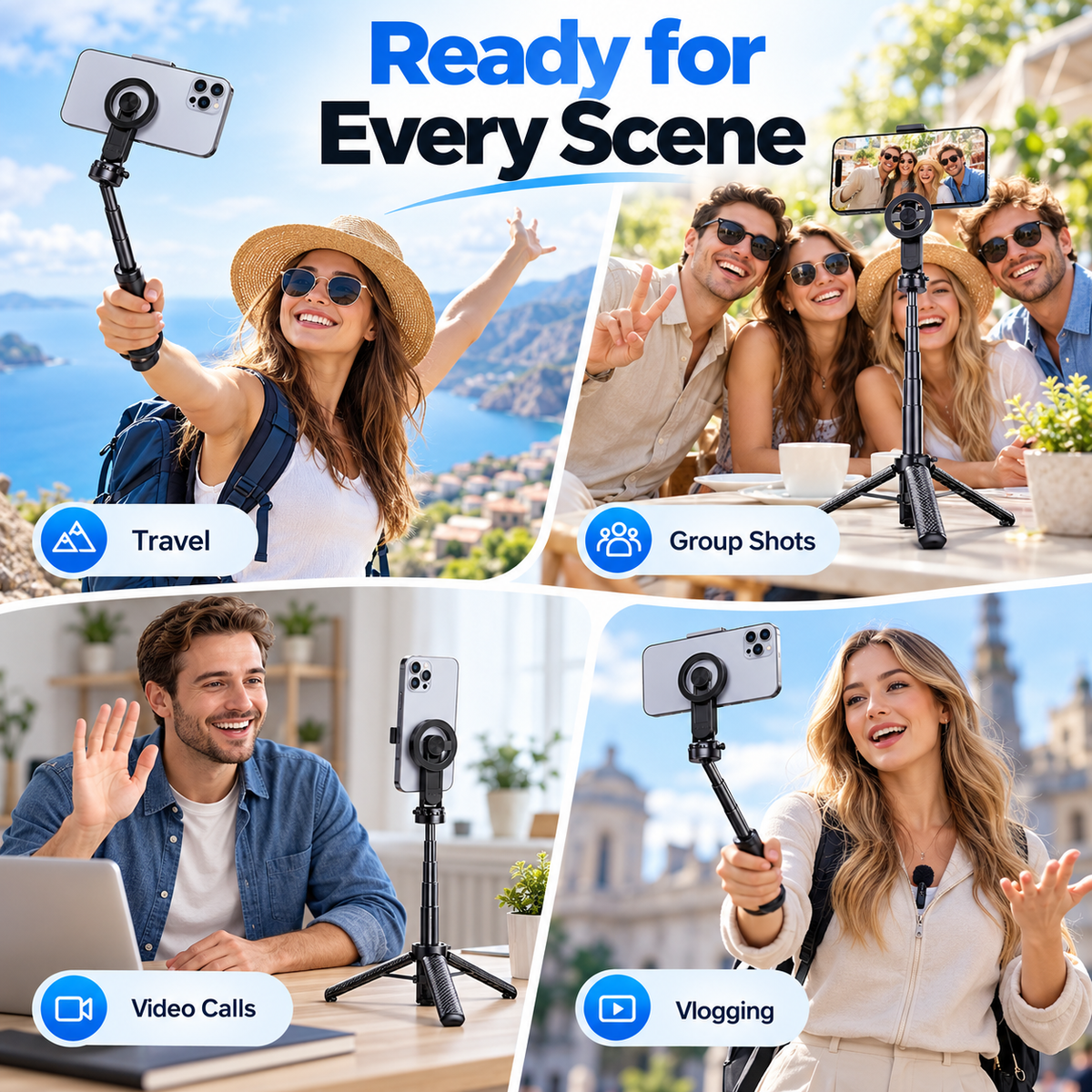 ✨Magnetic Pocket Selfie Stick – 4-in-1 Rechargeable Remote Control Quadrant, Perfect for Travel and Vlogging