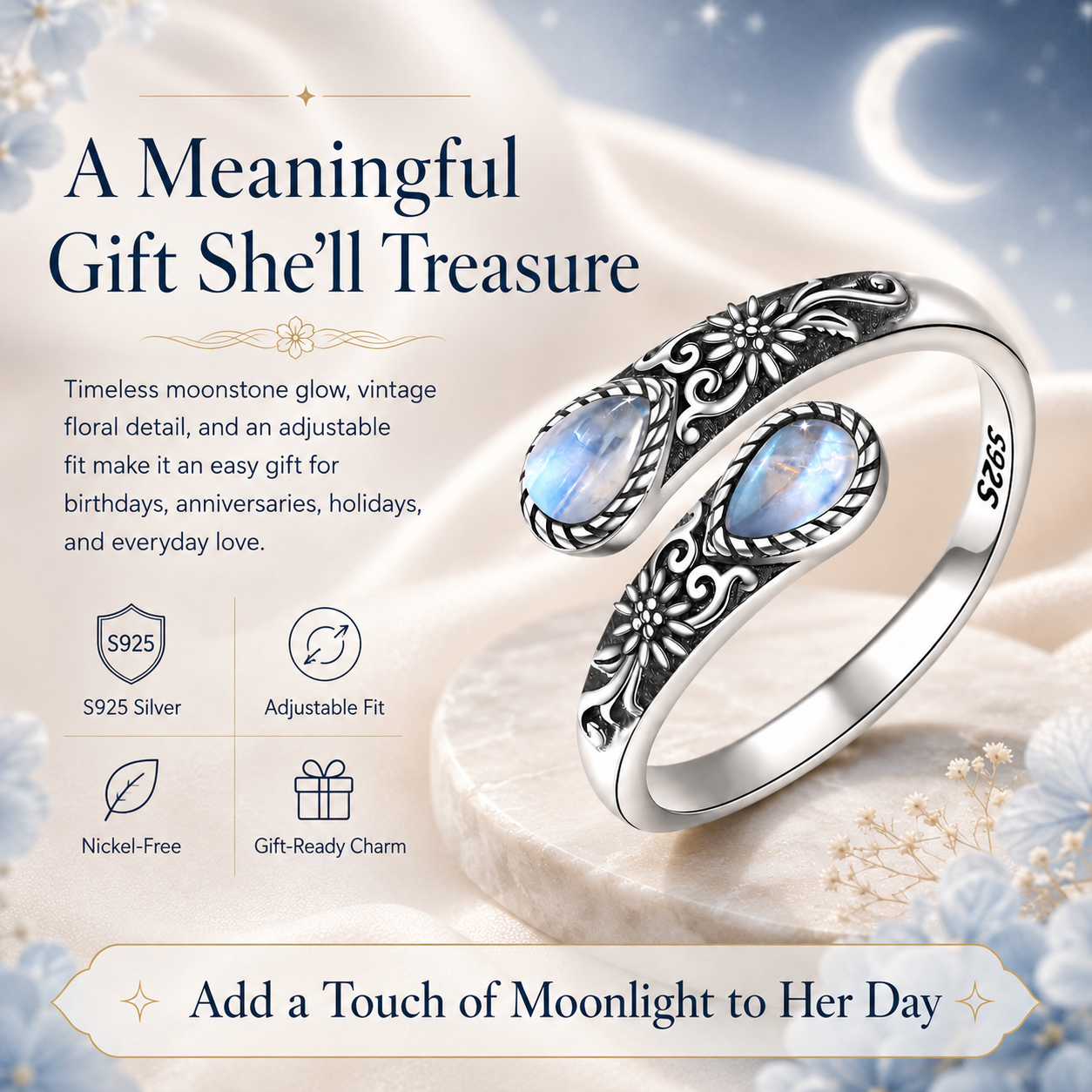 ✨ Adjustable Moonstone Ring – Vintage Floral Open Band, Soft Glow for Everyday Wear