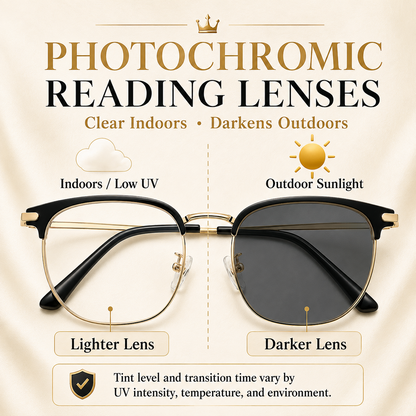 ✨ Photochromic Reading Eyewear – Square Browline Alloy Frame, Black/Gold, Outdoor Tint Shift + UV Shield
