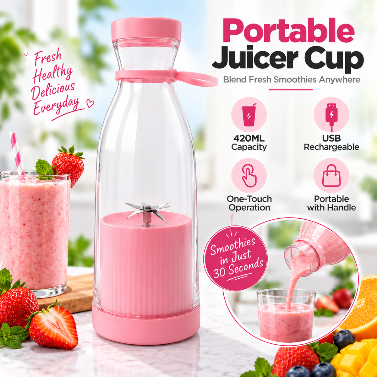 ⚡Portable Juicer Cup with Handle – USB Rechargeable Mini Blender for Shakes & Fresh Juice
