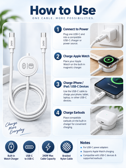 🔌240W 3-in-1 USB-C Travel Charger -Magnetic Watch Charging + 5FT Braided Cable