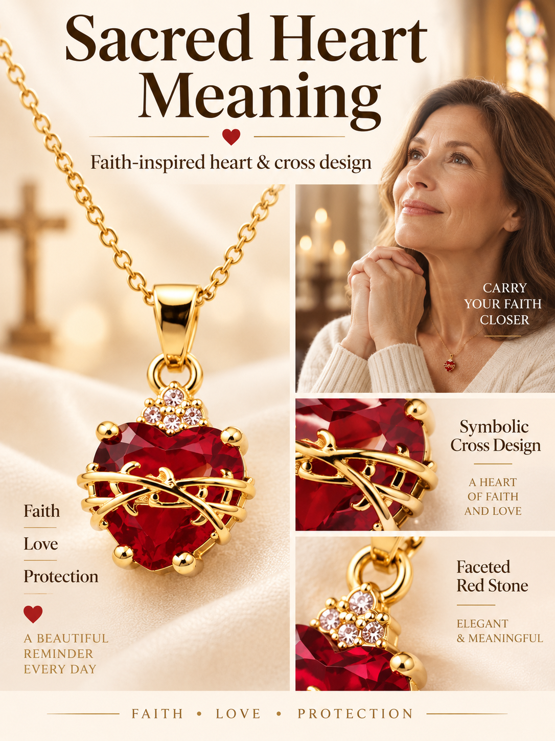 ❤️ Jewelry Deal – Gold-Tone Sacred Heart Pendant ✨ Red Crystal Cross Necklace with Elegant Heart Detail for Meaningful Gifting 🎁