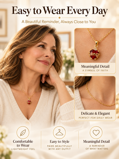 ❤️ Jewelry Deal – Gold-Tone Sacred Heart Pendant ✨ Red Crystal Cross Necklace with Elegant Heart Detail for Meaningful Gifting 🎁