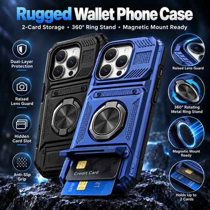📱 Heavy-Duty Wallet Phone Case – 2-Card Slot + 360° Magnetic Ring Stand, All-Round Protection for Everyday Use