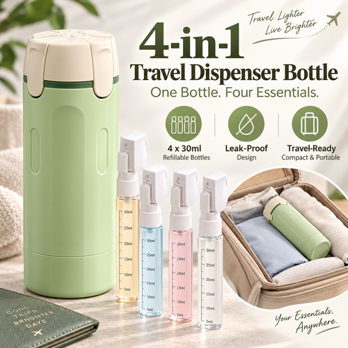 🧴4-in-1 Travel Dispenser Set – 4 x 30ml Leak-Proof Bottles, Perfect for Trips, Gym & Camping