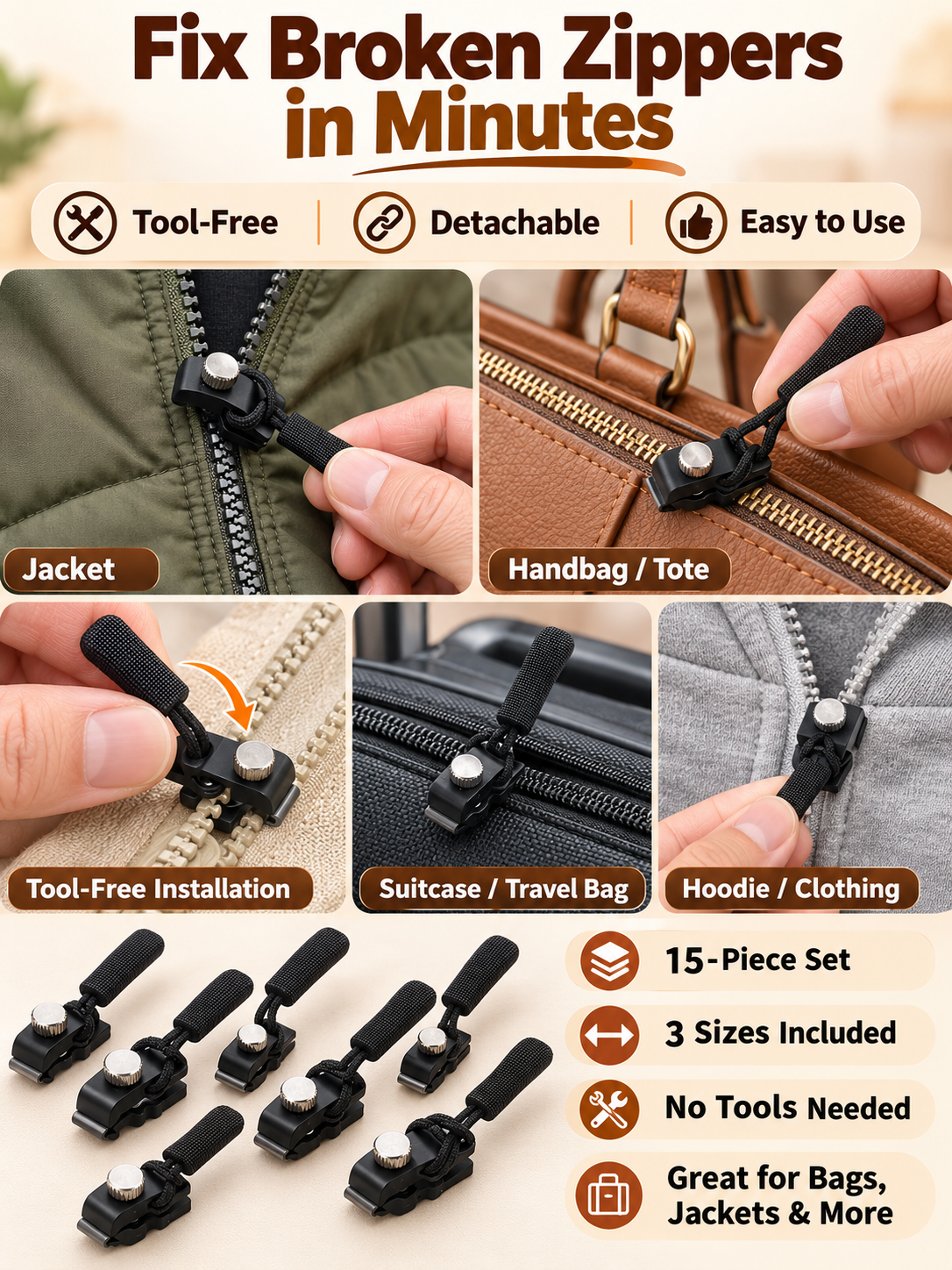 ✨15Pcs Detachable Zipper Repairer – 3 Sizes, Tool-Free Fix for Bags, Jackets, Shoes & Boots