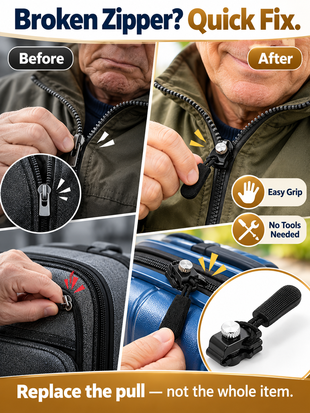 ✨15Pcs Detachable Zipper Repairer – 3 Sizes, Tool-Free Fix for Bags, Jackets, Shoes & Boots