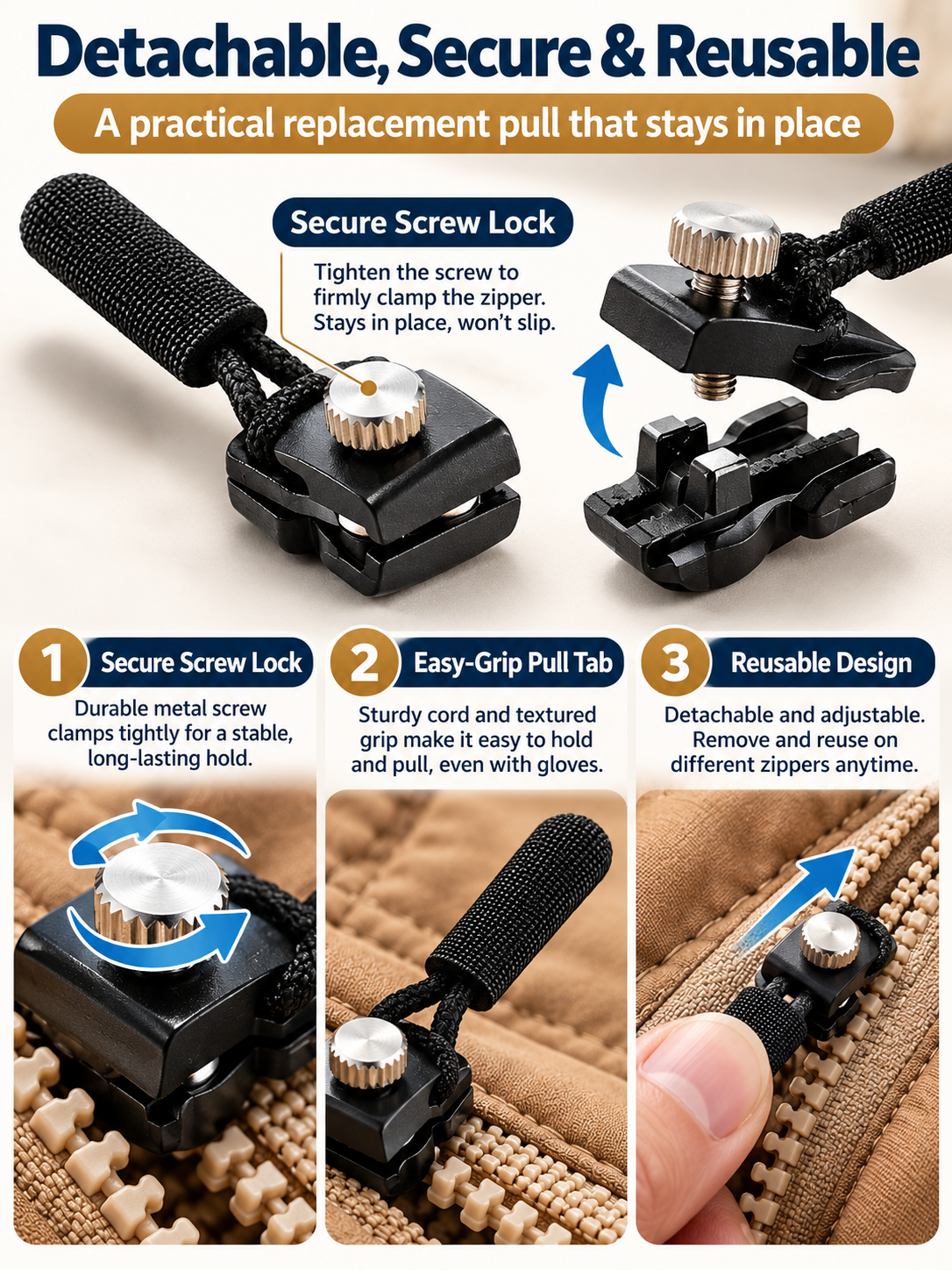 ✨15Pcs Detachable Zipper Repairer – 3 Sizes, Tool-Free Fix for Bags, Jackets, Shoes & Boots