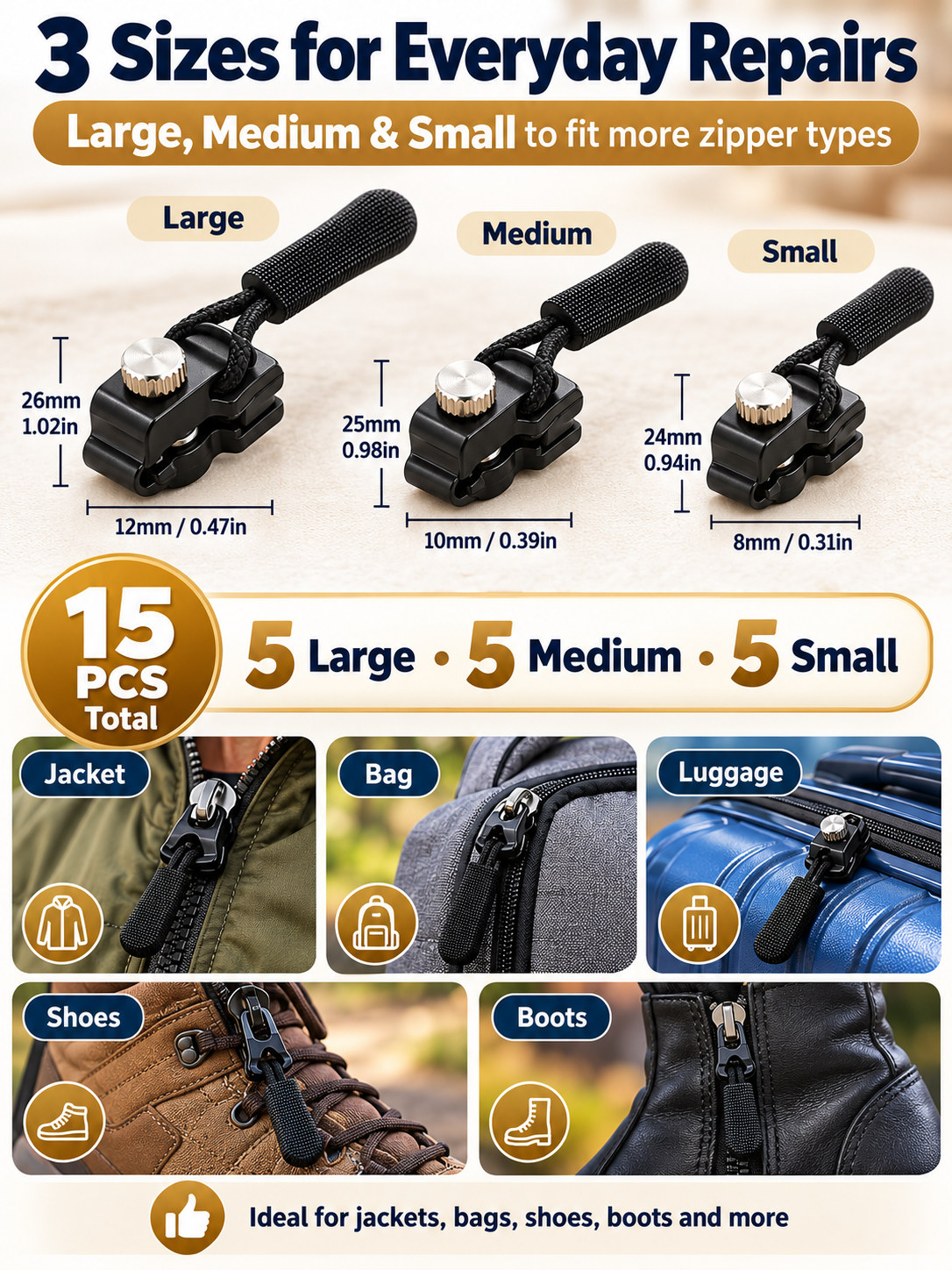 ✨15Pcs Detachable Zipper Repairer – 3 Sizes, Tool-Free Fix for Bags, Jackets, Shoes & Boots