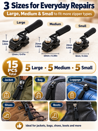 ✨15Pcs Detachable Zipper Repairer – 3 Sizes, Tool-Free Fix for Bags, Jackets, Shoes & Boots
