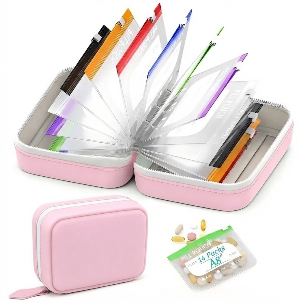 💊 Waterproof Pill Pouch Set – 14pcs A8 Bags, 7–14 Day Med Organizer with Color Labels