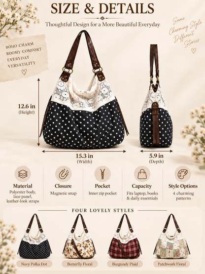 ✨Polka Dot Lace Slouchy Hobo Tote Bag for Women