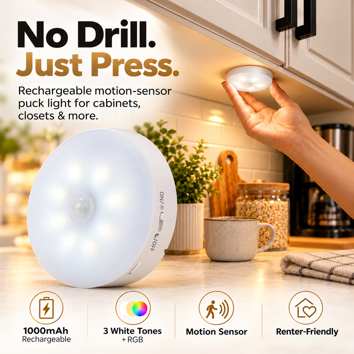 ✨Rechargeable Puck Lights with Remote – 3 Color Temps & RGB Under Cabinet Lighting