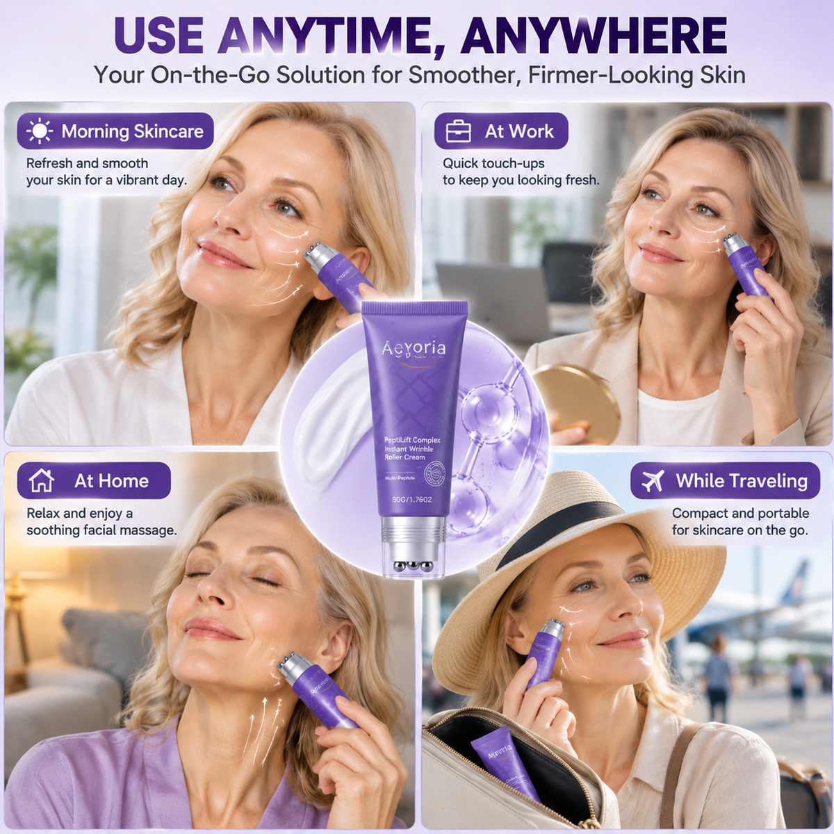 💜 Anti-Wrinkle Eye Cream Roller – Peptide & Collagen Hydrating Care with 6 Cooling Metal Massage Beads ✨