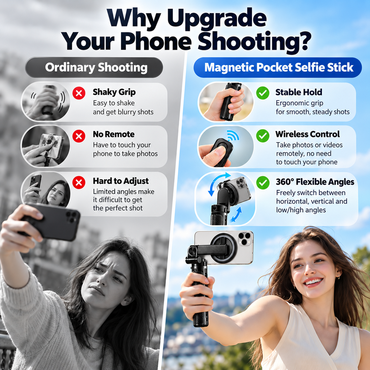 ✨Magnetic Pocket Selfie Stick – 4-in-1 Rechargeable Remote Control Quadrant, Perfect for Travel and Vlogging
