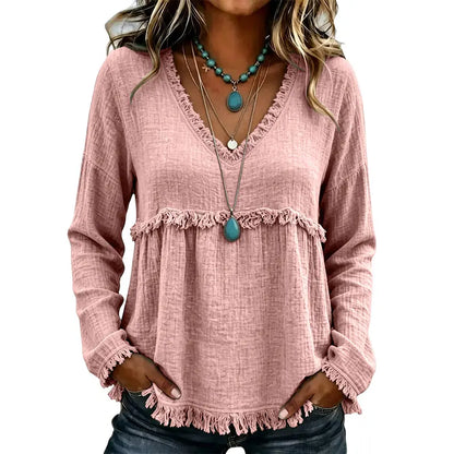 🌾Boho Fringe V-Neck Top – Flowy, Loose & Tassel Hem