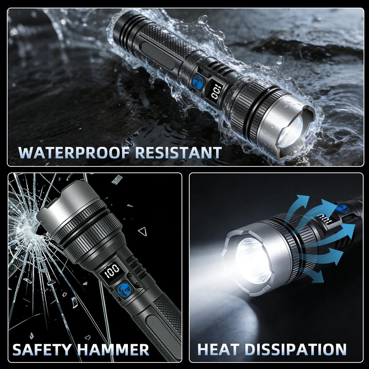 🔦 Rechargeable Zoomable Flashlight – 2-in-1 Power Bank with Digital Display, Waterproof