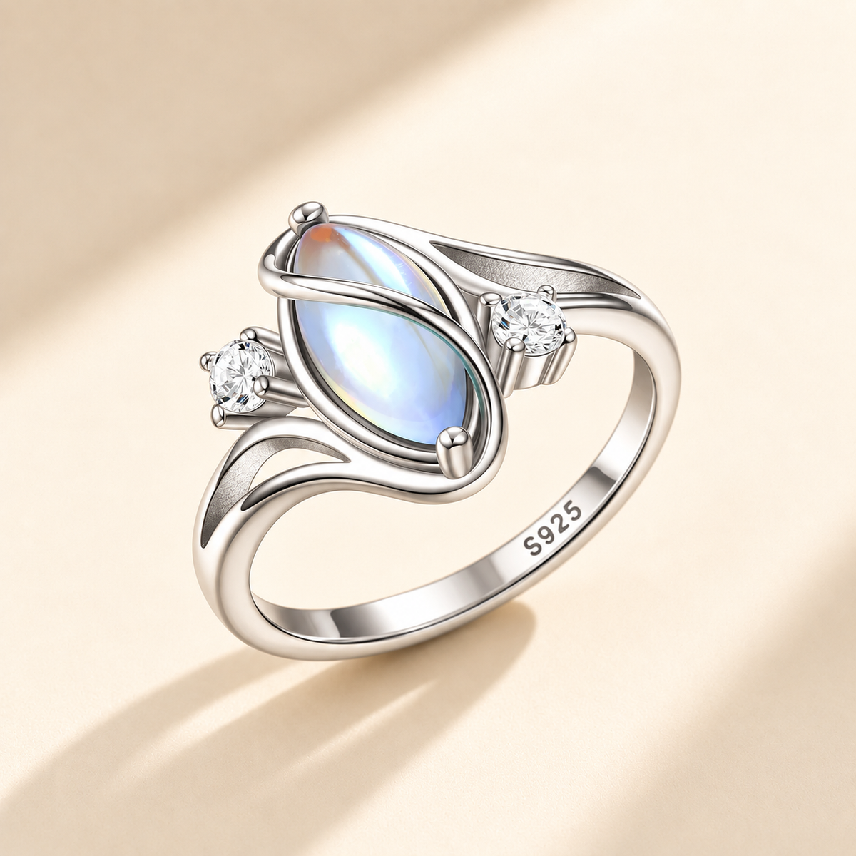 💎 Rainbow Moonstone Ring – 5A CZ Accent, Elegant Gift for Her 🌈✨