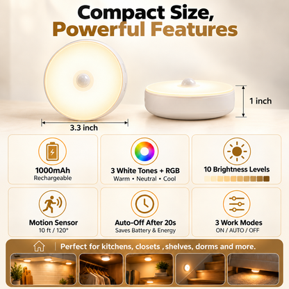 ✨Rechargeable Puck Lights with Remote – 3 Color Temps & RGB Under Cabinet Lighting