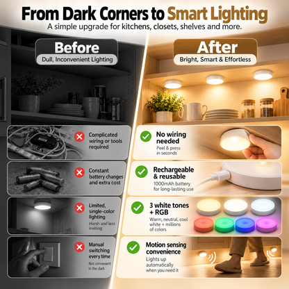 ✨Rechargeable Puck Lights with Remote – 3 Color Temps & RGB Under Cabinet Lighting